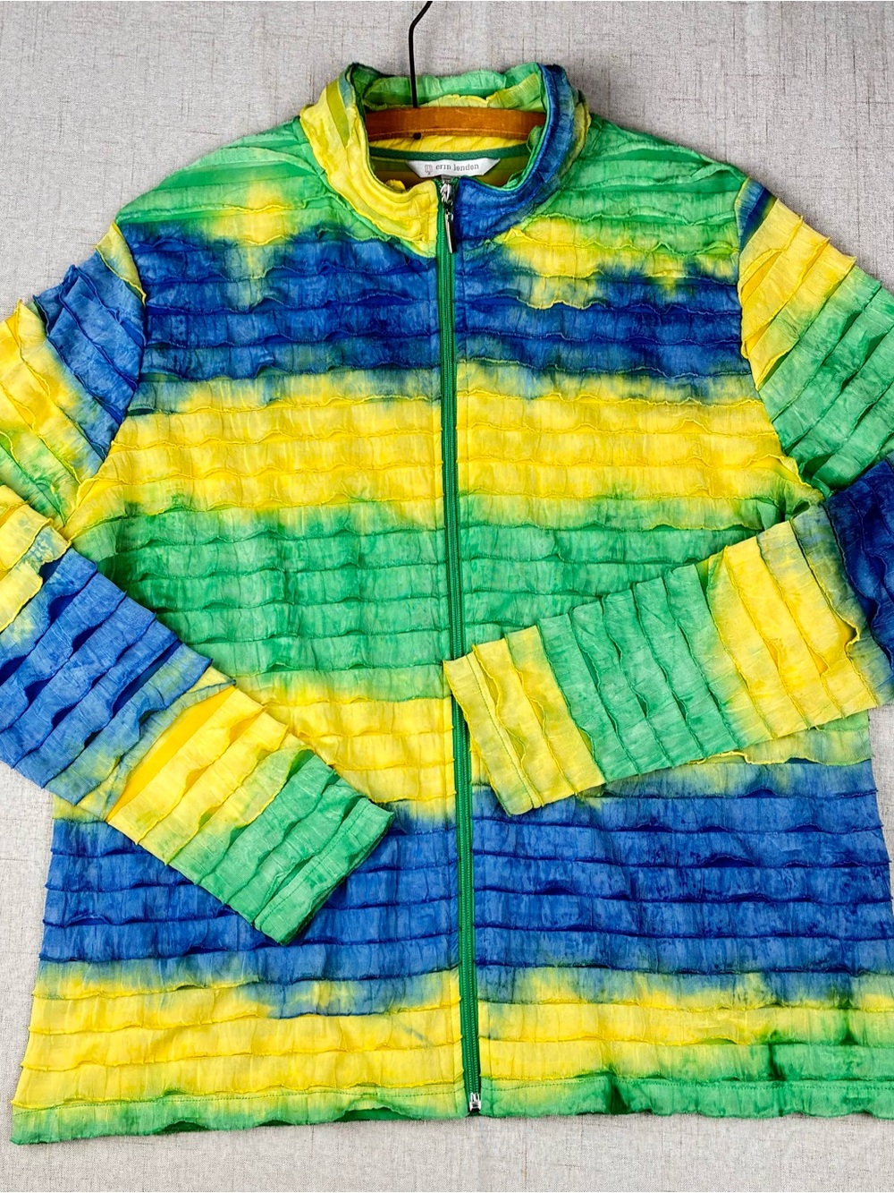 Erin London Ruffle Zip Light Jacket Blue Green Yellow Ombre TieDye Mesh Top XL
